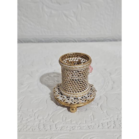 Vintage Filigree Lipstick Holder Floral Rhinestone Vanity Decor Coquette - Picture 5 of 8
